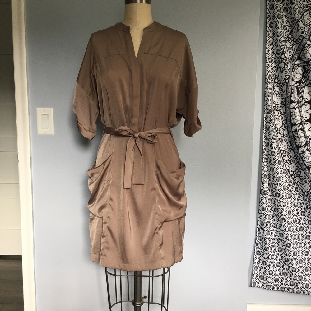 Beige Silky Button Down Tie Waist Dress